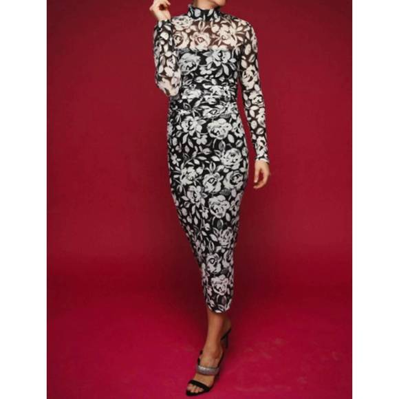 NEW AMANDA UPRICHARD dominique long sleeved printed mesh dress in midnight rose - Picture 1 of 1